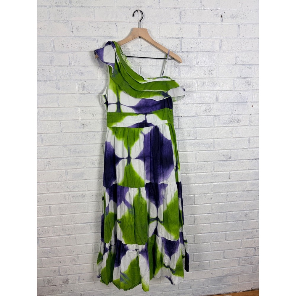 Busayo Linen Blend Maxi Dress Womens 10 One Shoulder Tiered Abstract Colorblock